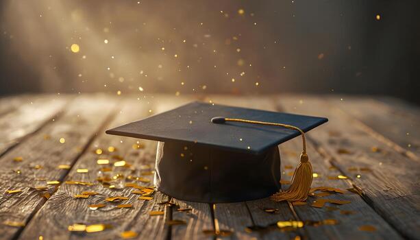 Graduation cap surrounded by golden confetti