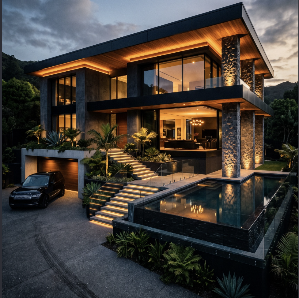 Contemporary home with warm architectural lighting